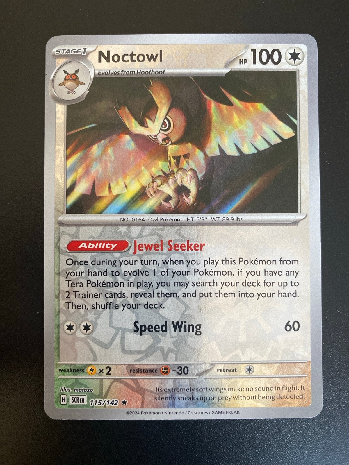 Noctowl 115/142 Rare Reverse Holo Pokémon Stellar Crown, Ophalen of Verzenden, Zo goed als nieuw, Losse kaart, Foil
