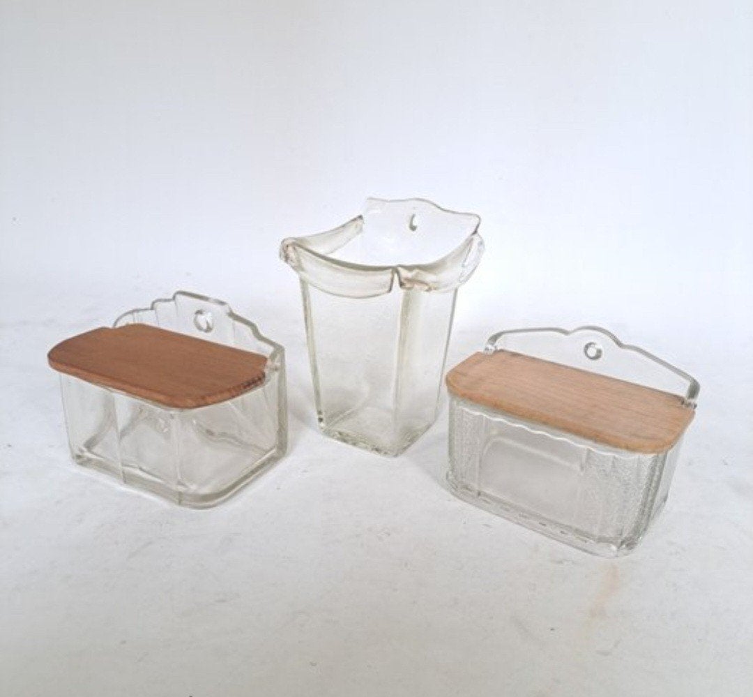 Set van 3 vintage glazen zoutbakjes met houten deksels, Antiek en Kunst, Ophalen of Verzenden