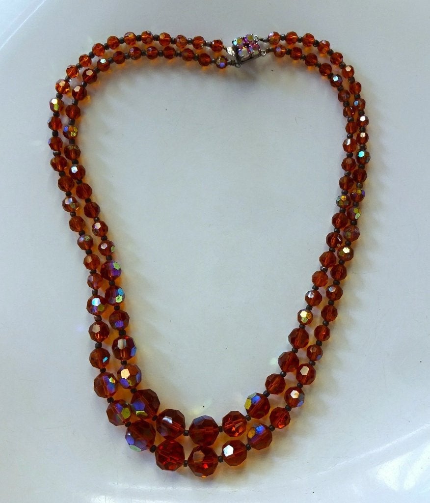 Jaren '50 iriserend amber glazen kralen ketting: 2-snoers, Ophalen of Verzenden, Overige materialen, Ketting