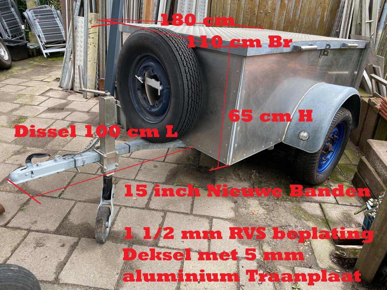 Zeer solide gegalvaniseerde aanhanger met RVS beplating, Auto diversen, Aanhangers en Bagagewagens, Ophalen of Verzenden, Gebruikt