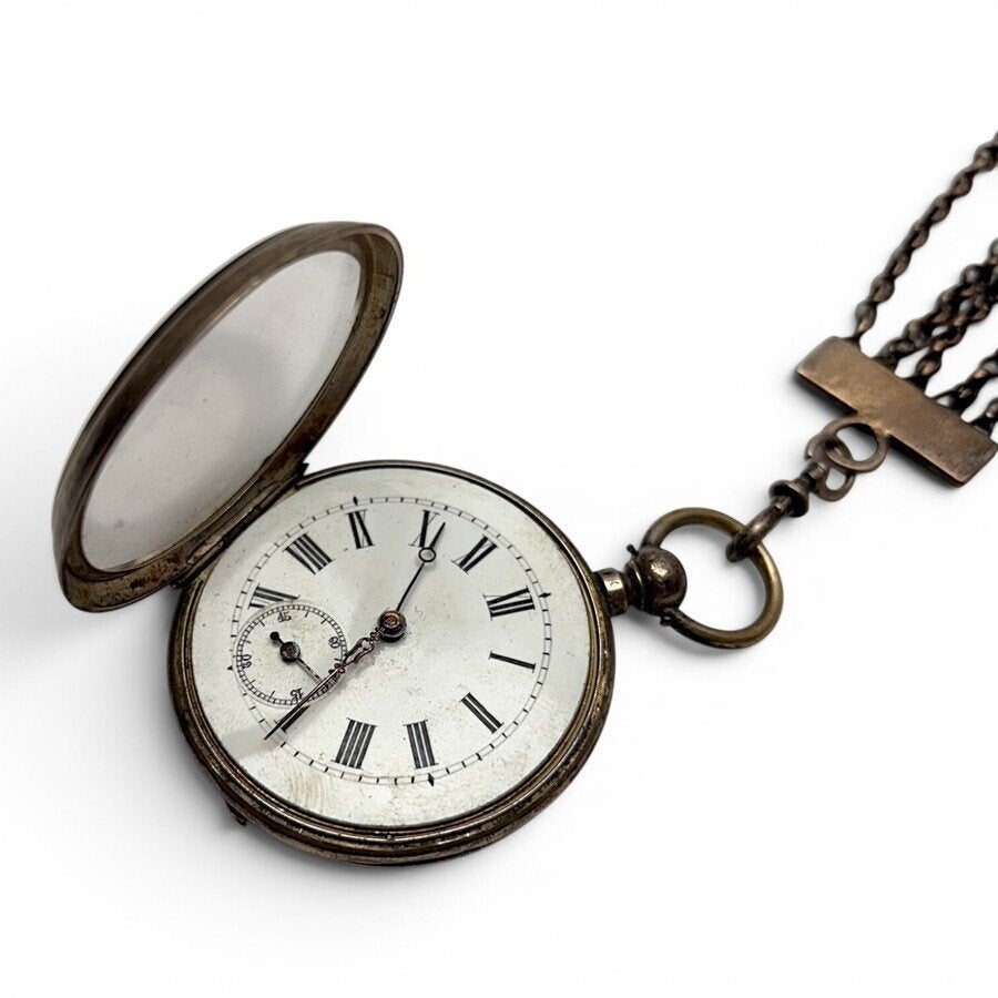 Antiek zakhorloge aan Nederlands zilveren chatelaine, Ophalen of Verzenden