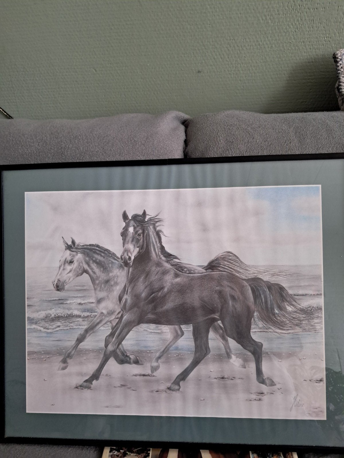 schilderij  met paarden, Ophalen, Schilderij, Potloodtekening, Ingelijst