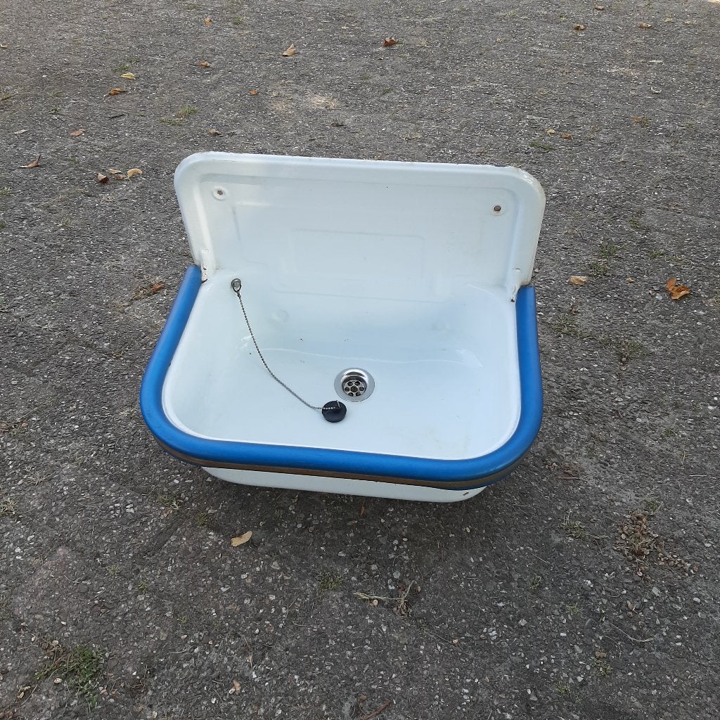 Klassieke emaille wasbak / spoelbak garage met blauwe rand, Ophalen