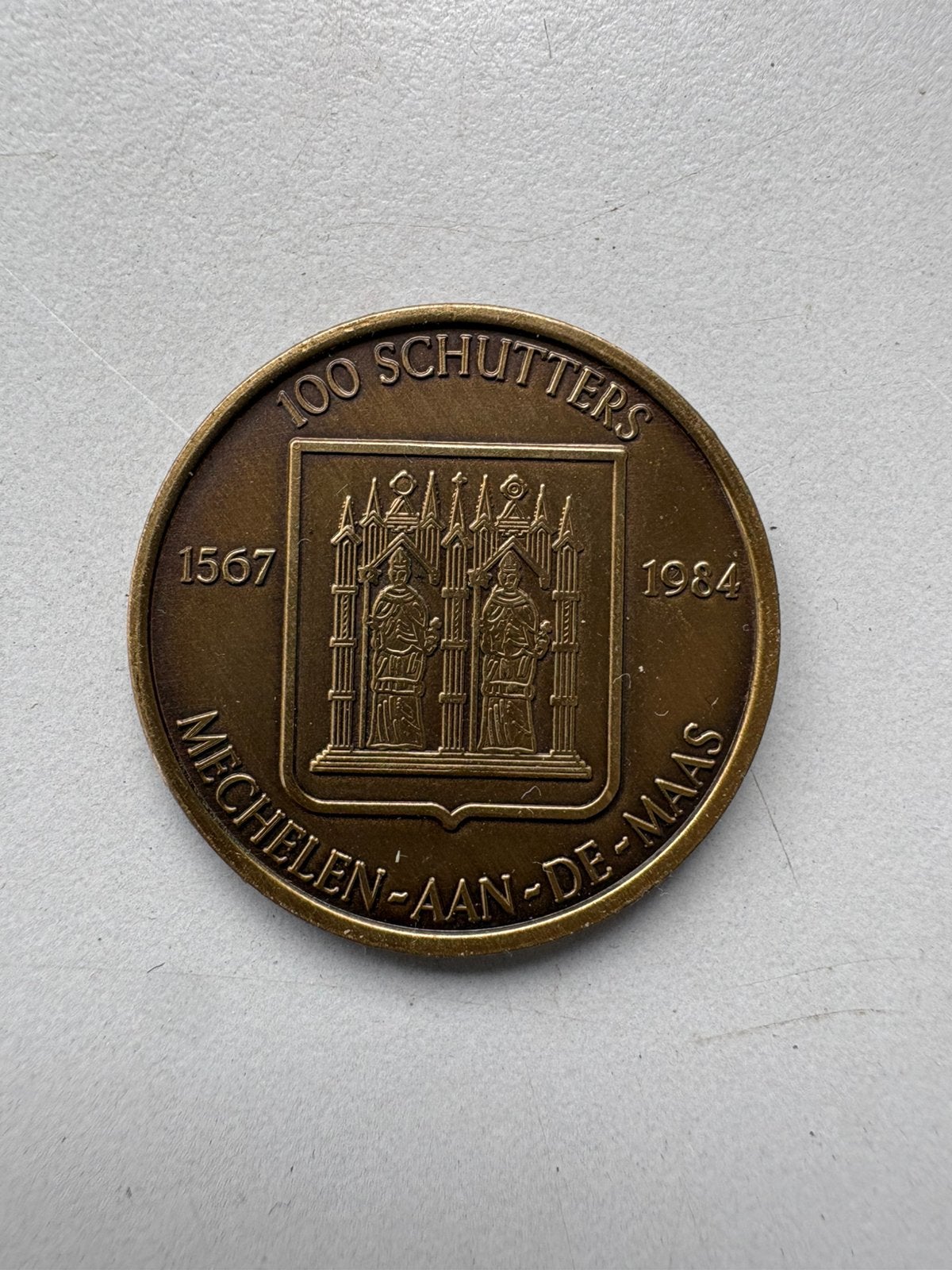 100 Schutters Mechelen-aan-de-Maas OLS 1984 bronzen penning, Postzegels en Munten, Penningen en Medailles, Verzenden, Overige materialen