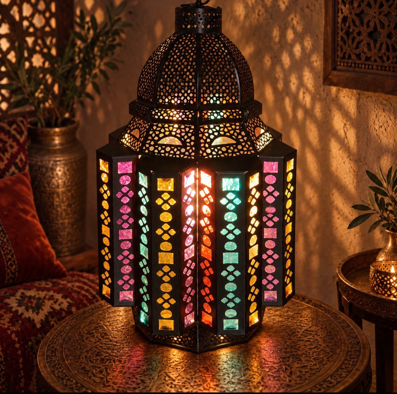 Mooie oosterse lamp metaal met glas in lood, Ophalen, Gebruikt, Glas