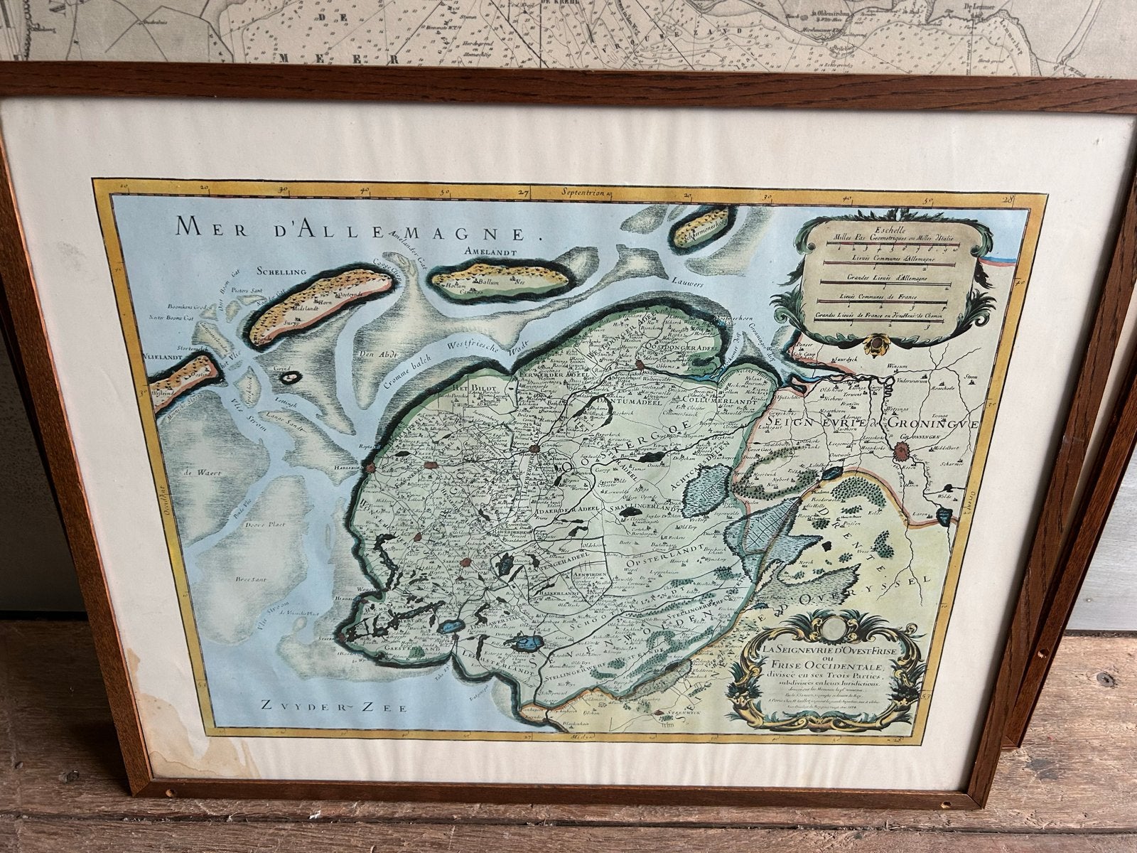 Oude kaart van Friesland en Groningen, ingelijst, Gelezen, Voor 1800, Ophalen of Verzenden, Landkaart