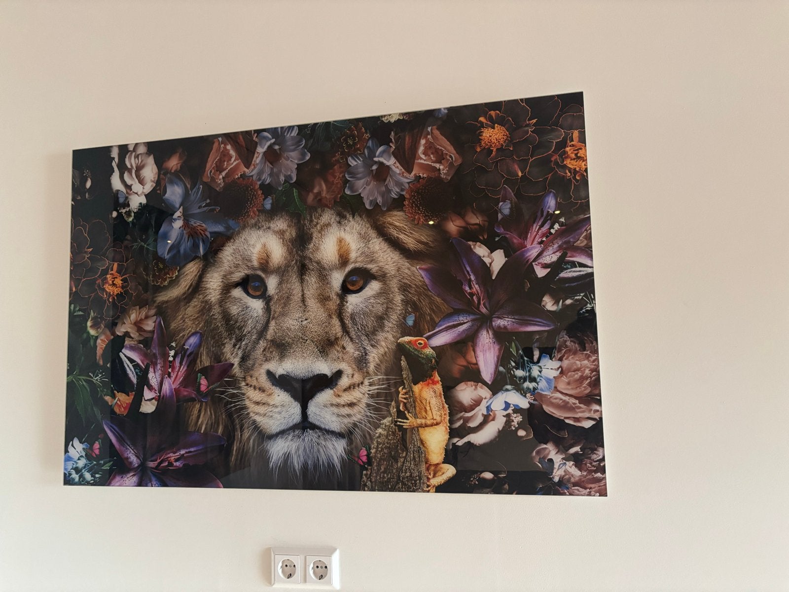 Prachtige wanddecoratie: Leeuw met bloemen en hagedis, Ophalen, 50 – 75, 75 tot 100 cm, Print