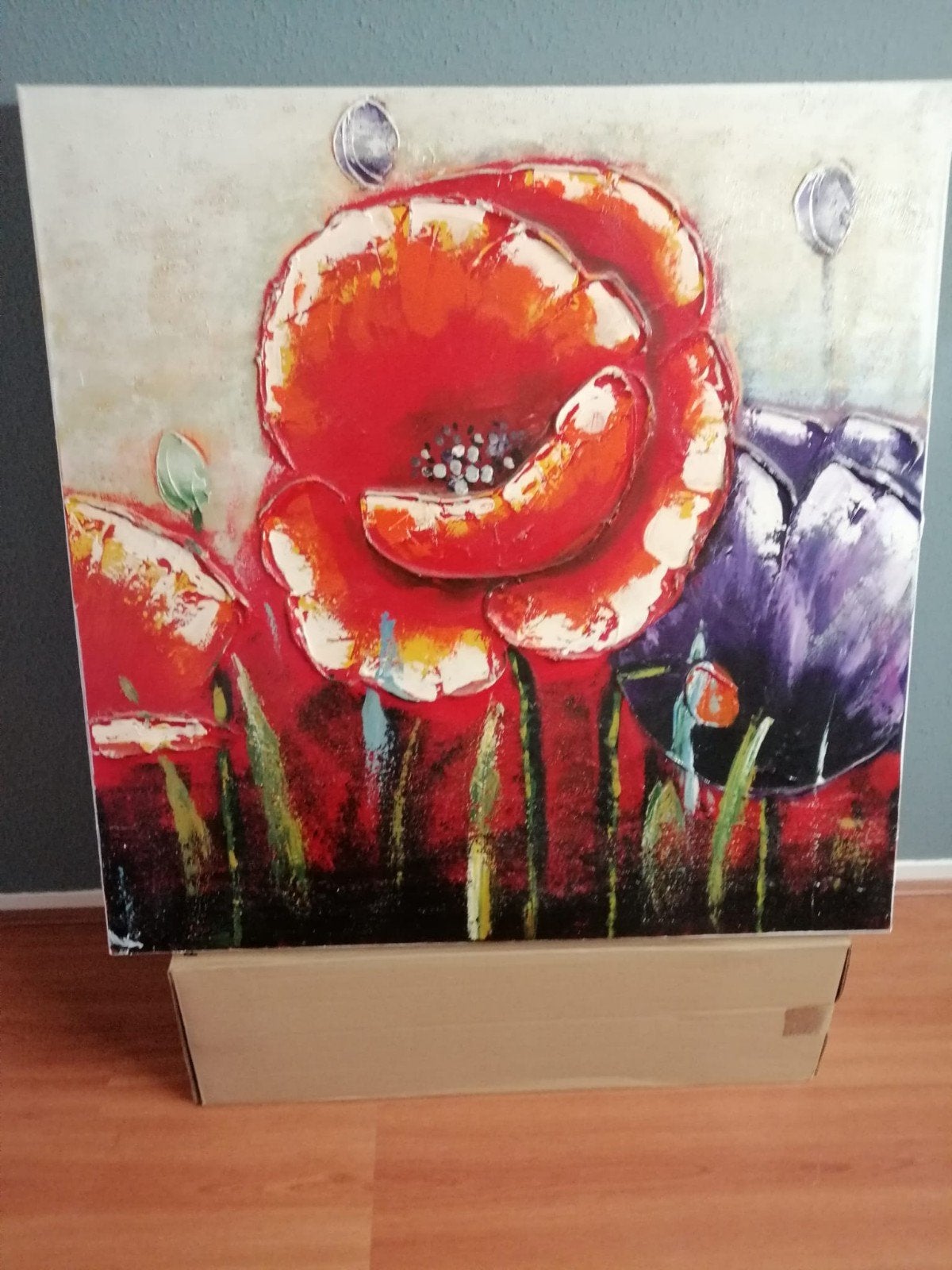 Klaprozen Acryl Schilderij 80x80cm 3D Textuur & Levendig, Antiek en Kunst, Ophalen, Acrylverf, 3D-effect, Bloemen