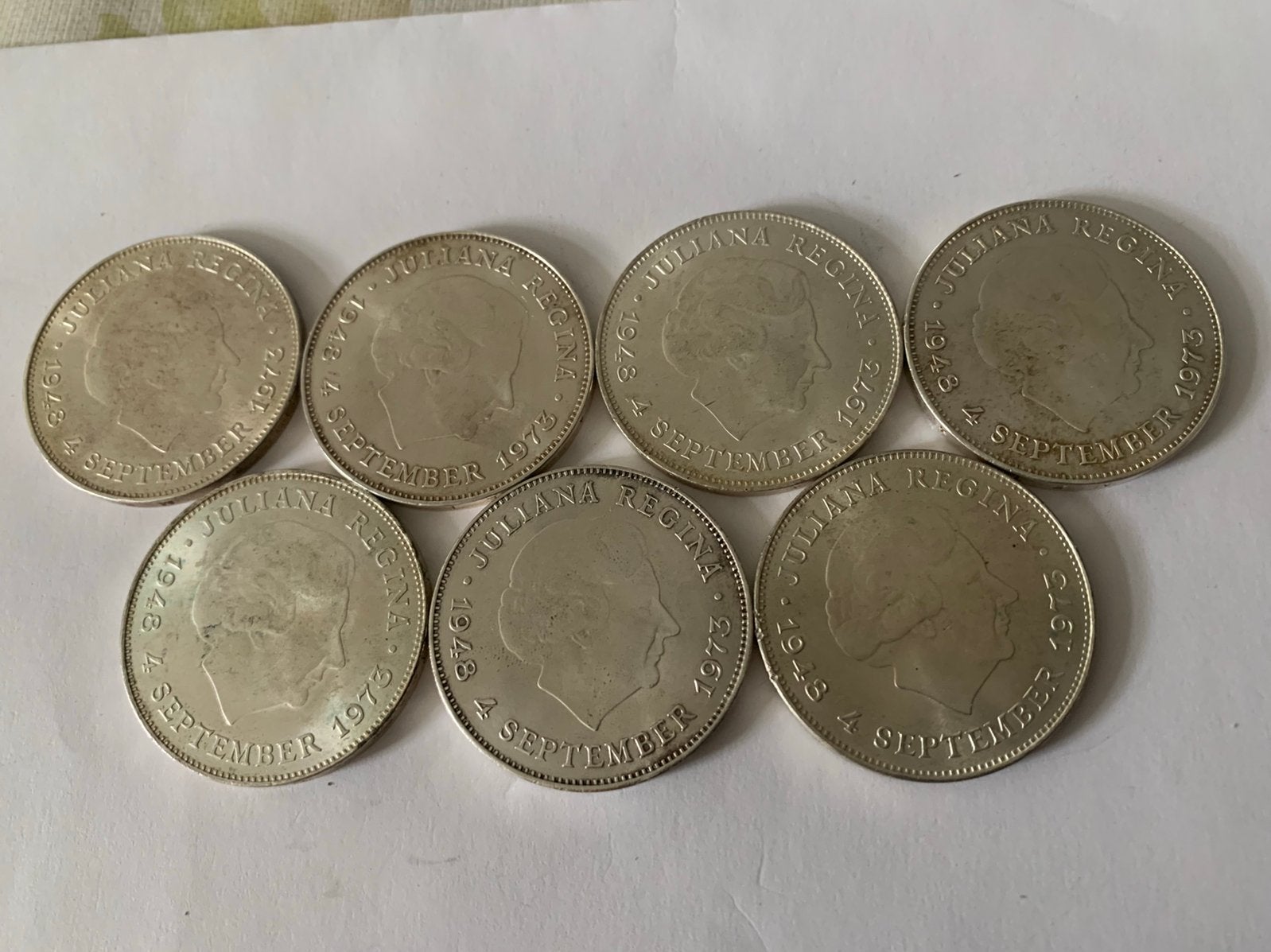 7 prachtige zilveren tientjes juliana 1973, Postzegels en Munten, Munten | Nederland, Ophalen of Verzenden, Koningin Juliana, 10 gulden