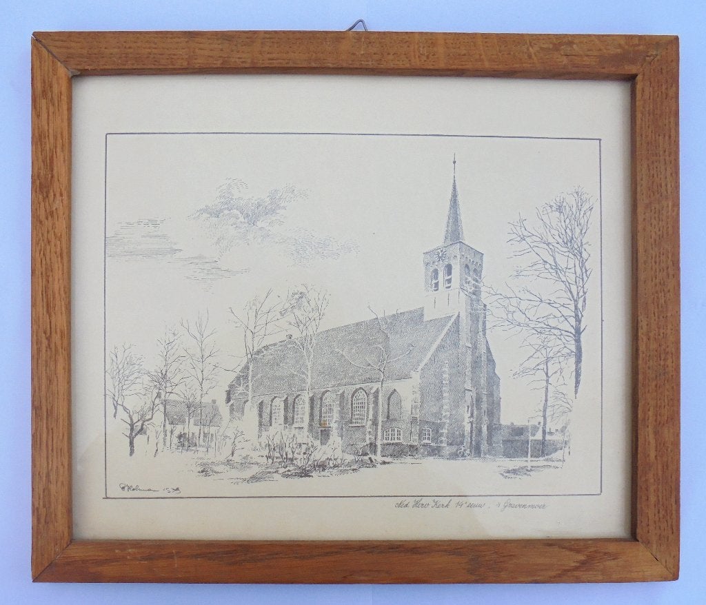 Ets gravure Ned Herv Kerk 14e eeuw 's Gravenmoer HOLMAN 1979, 25 cm, 1950 - 1999, Stadsgezicht, Ophalen of Verzenden