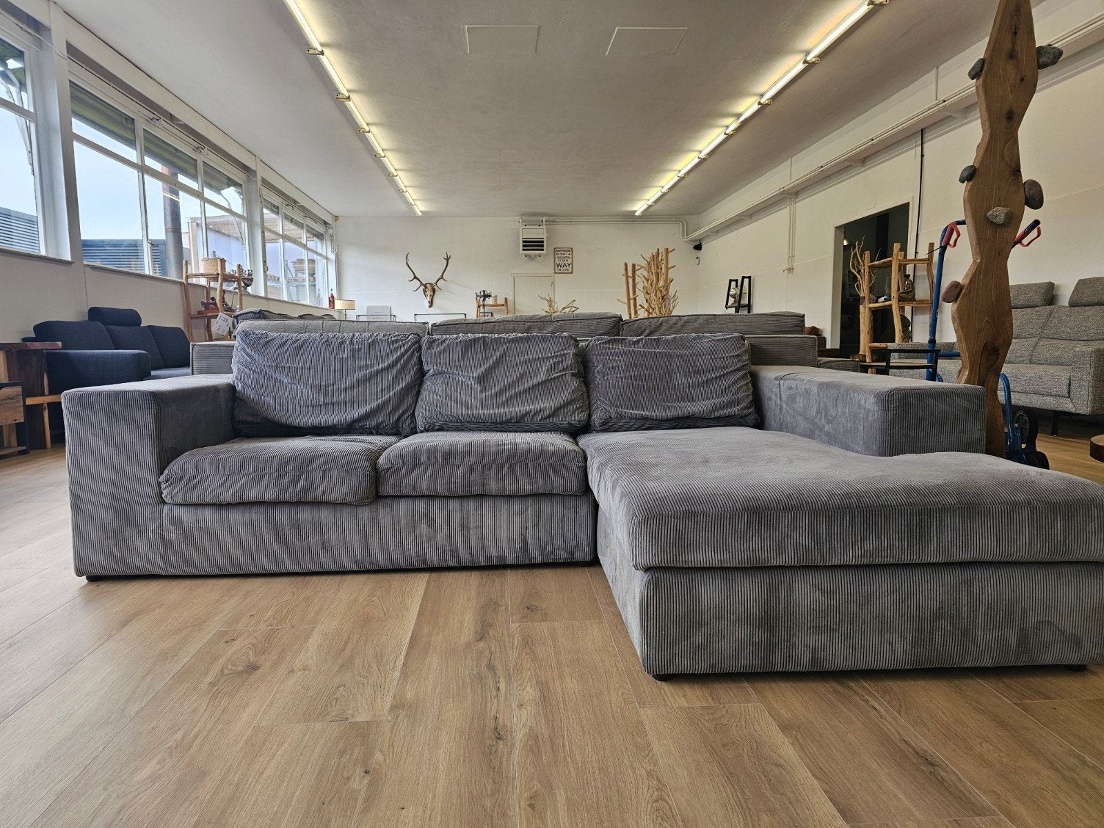 Grijze Ribstof hoekbank met losse kussens, Ophalen, 125 cm of meer, 125 cm of meer, Home Friesland