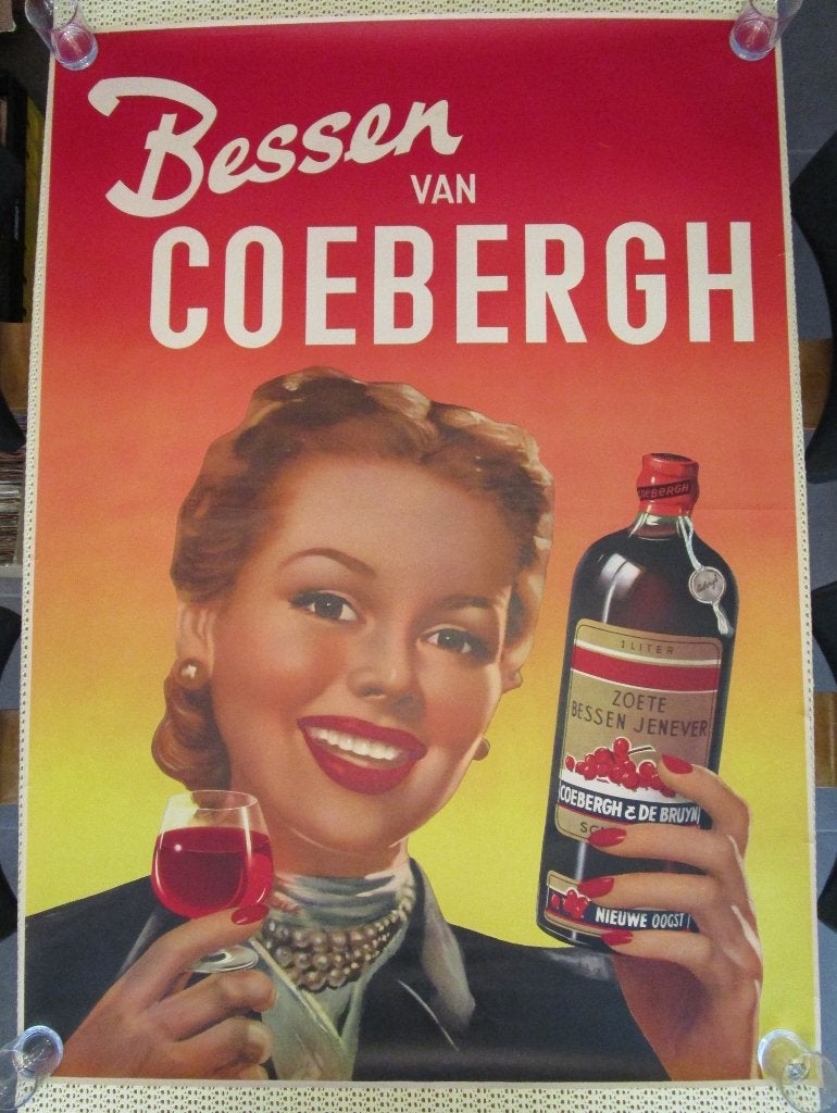 Oude affiche Bessen van Coebergh jenever - jaren 1950 (2), Ophalen of Verzenden, Gebruikt, Overige typen