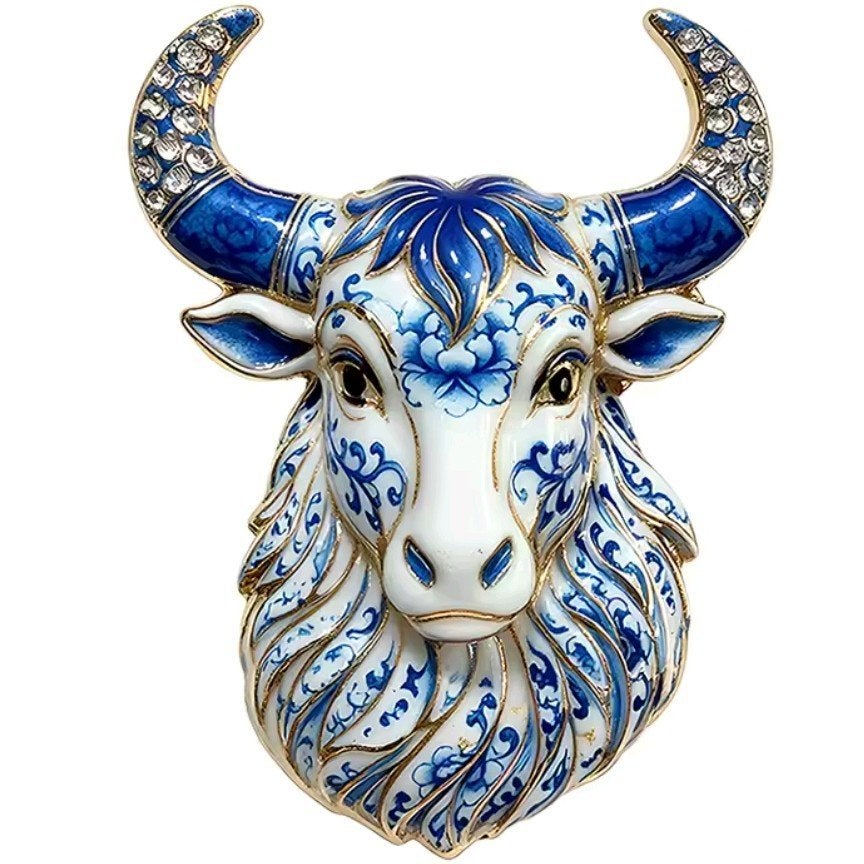 Nieuwe Broche - Ossenkop met Blauw-Wit Porselein Design, Overige materialen, 4 tot 7 cm, Blauw, Nieuw