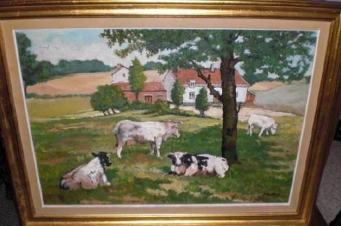OLIEVERF OP LINNEN * KOEIEN IN DE WEI !* In Lijst *, Antiek en Kunst, Verzenden