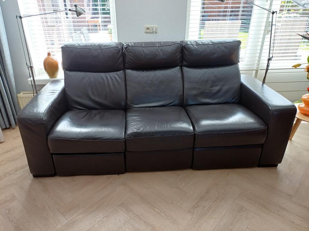 Leren 3-zitsbank met relaxfunctie - Donkerbruin, Ophalen, Gebruikt, Driepersoons, Rechte bank