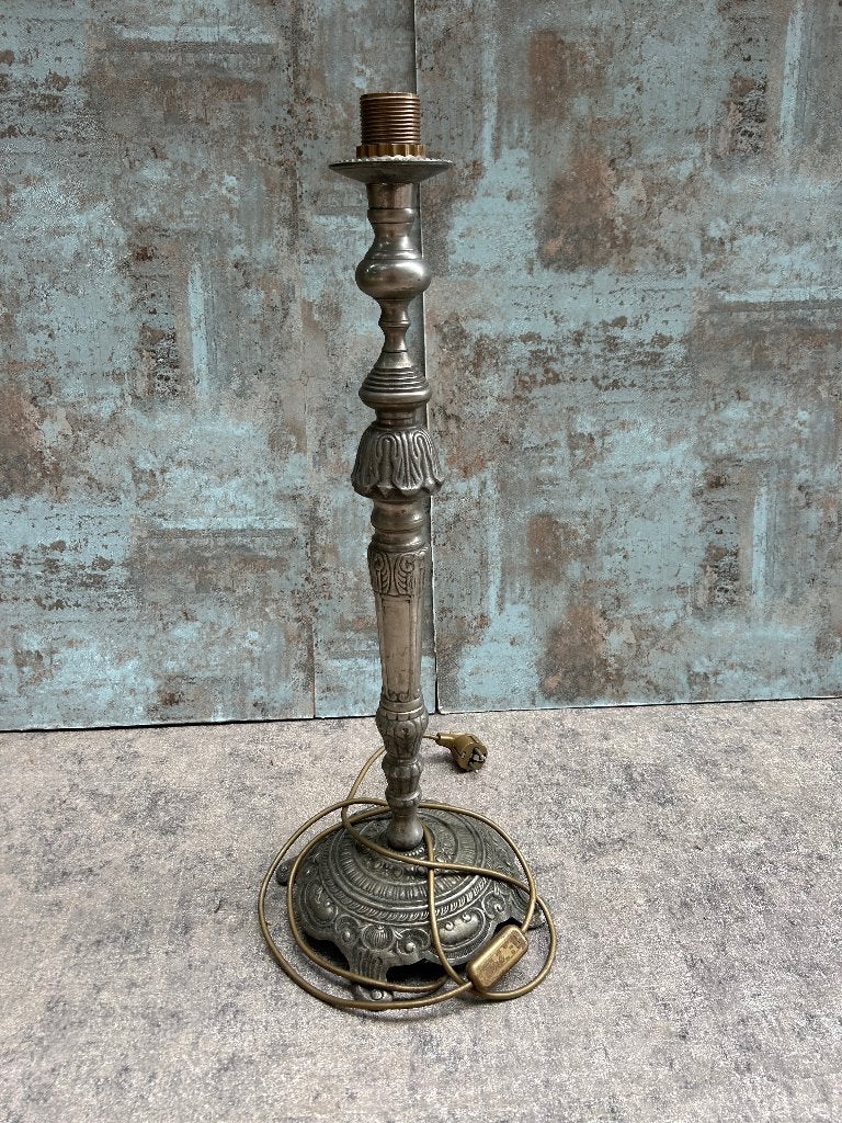 Antieke kandelaar lamp 1920s – verzilverd/tinnen metaal, Ophalen