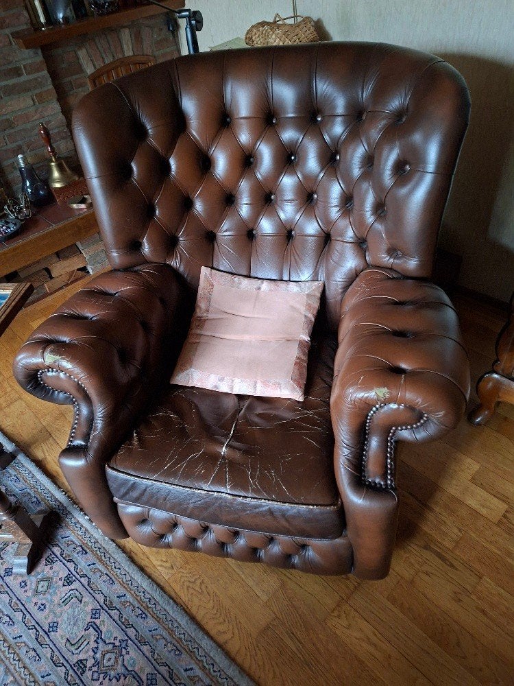 chesterfield fauteuil, Ophalen, Gebruikt, 75 tot 100 cm, Leer