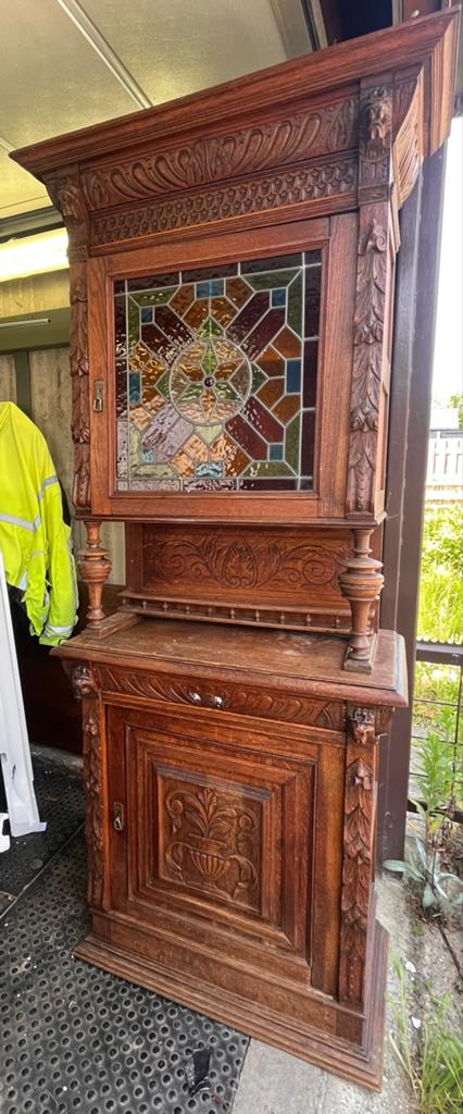 Antieke Eiken Kast met Glas-in-lood en Snijwerk, Antiek en Kunst, Antiek | Meubels | Kasten, Ophalen