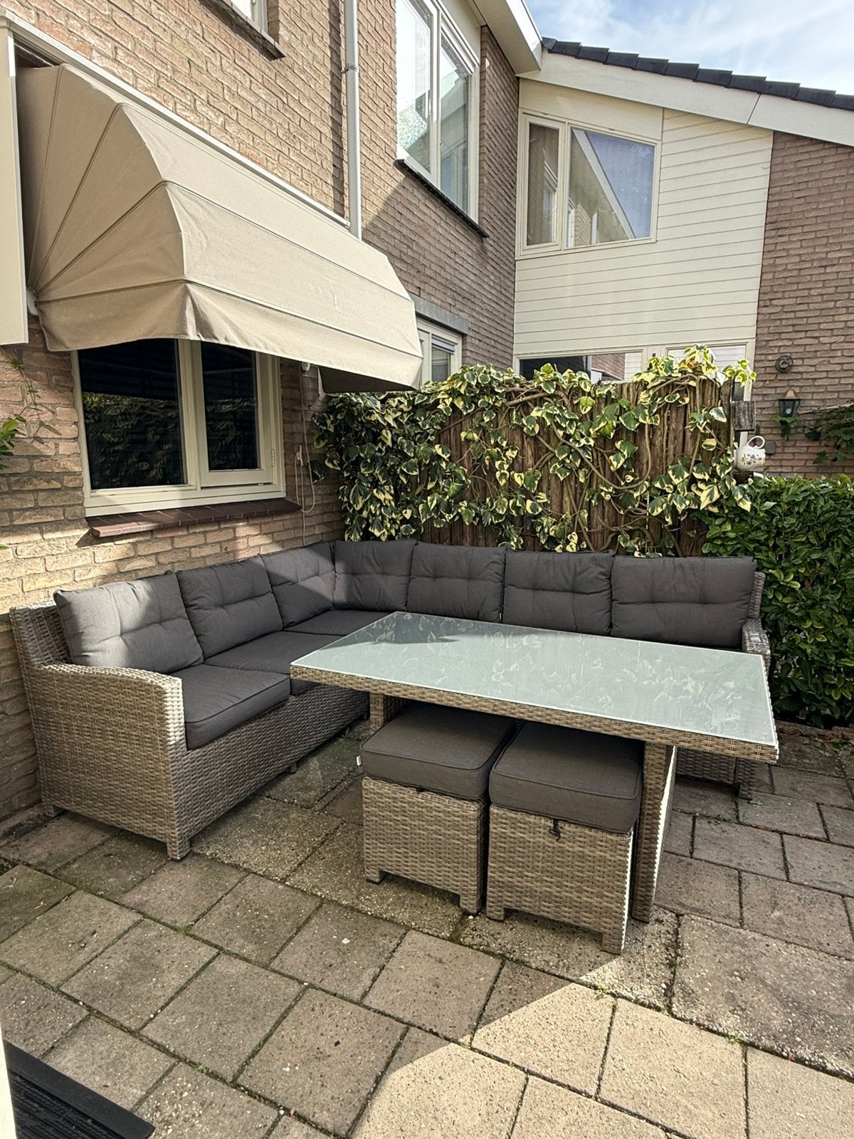 Diner lounge set 6 personen compleet met afdekhoes, Ophalen, Gebruikt, Wicker, Eettafel