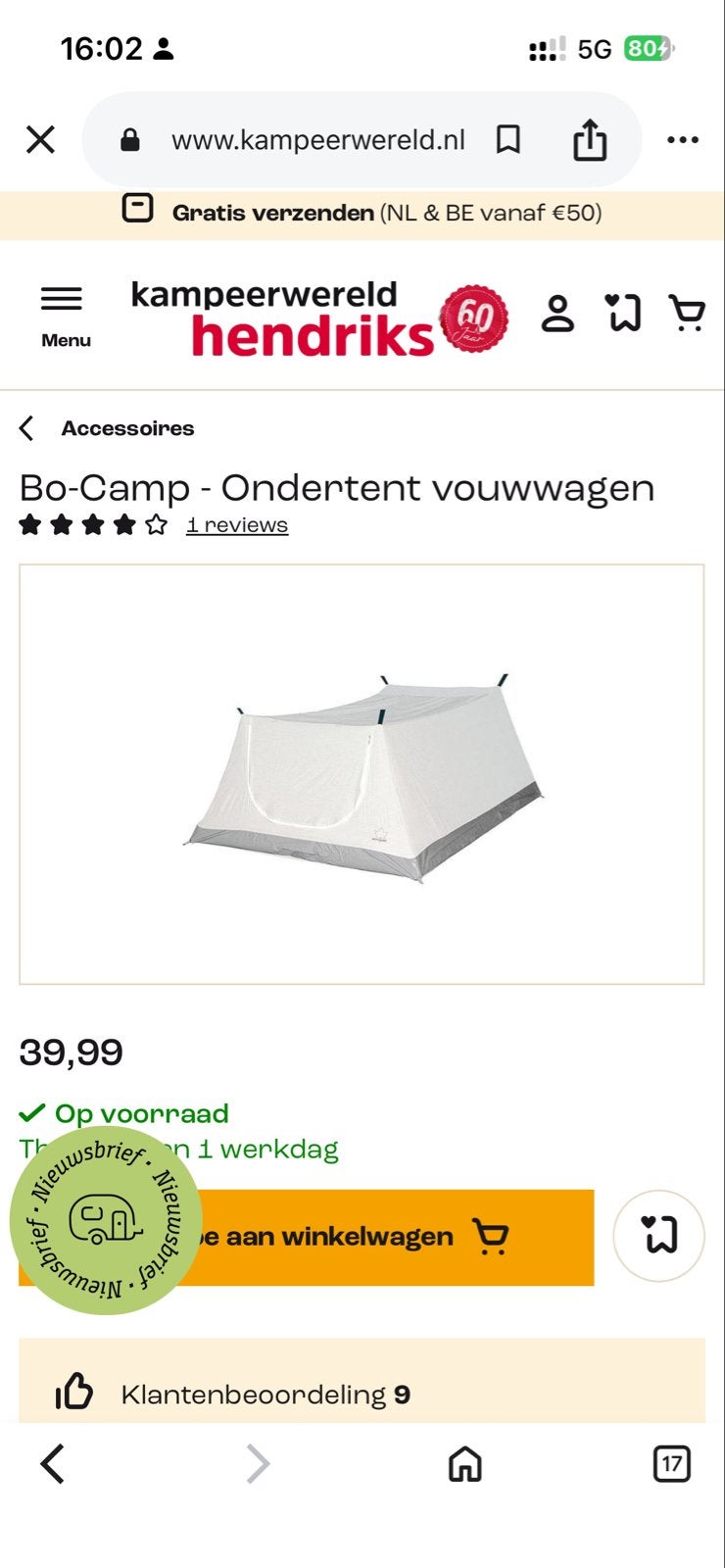 Bo-Camp ondertent vouwwagen, Caravans en Kamperen, Tenten, Ophalen of Verzenden, Tot en met 2