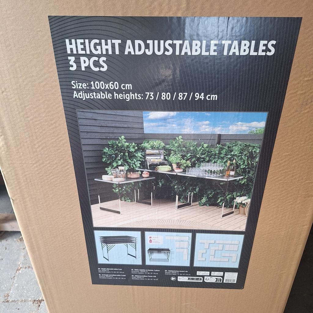 (Nieuw) In hoogte verstelbare tafels (3 stuks) - 100x60 cm, Tuin en Terras, Ophalen, Nieuw, Rechthoekig, Overige materialen