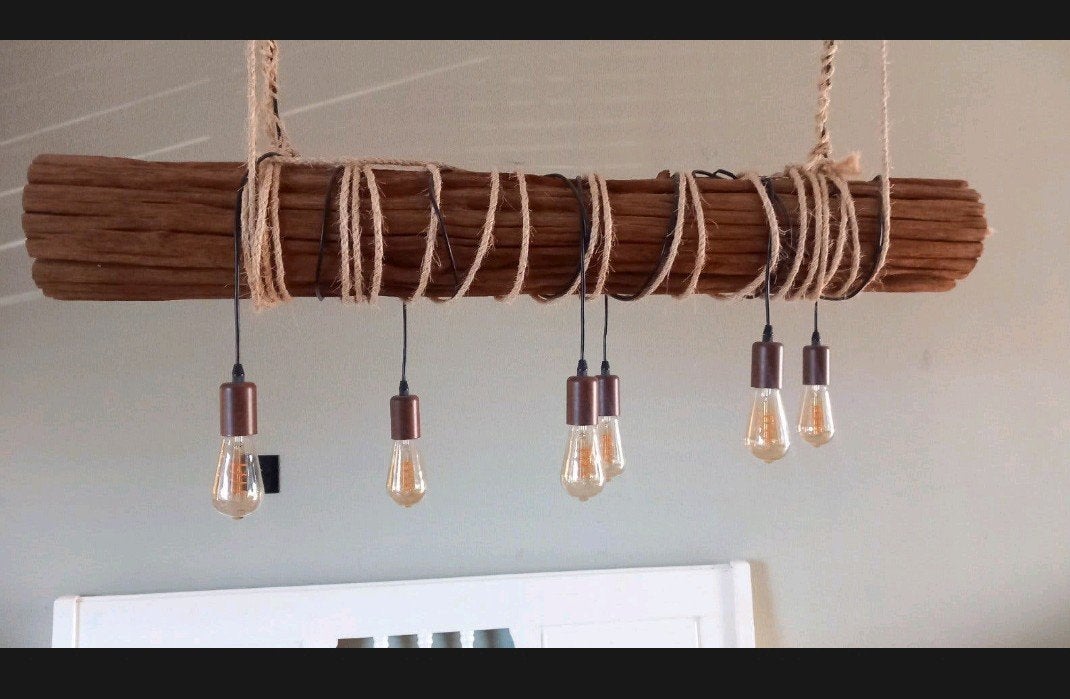 Rustieke houten balk hanglamp met 6 Edison lampen, Ophalen, E27 (groot), Hout, Rustiek, Landelijk, Industrieel