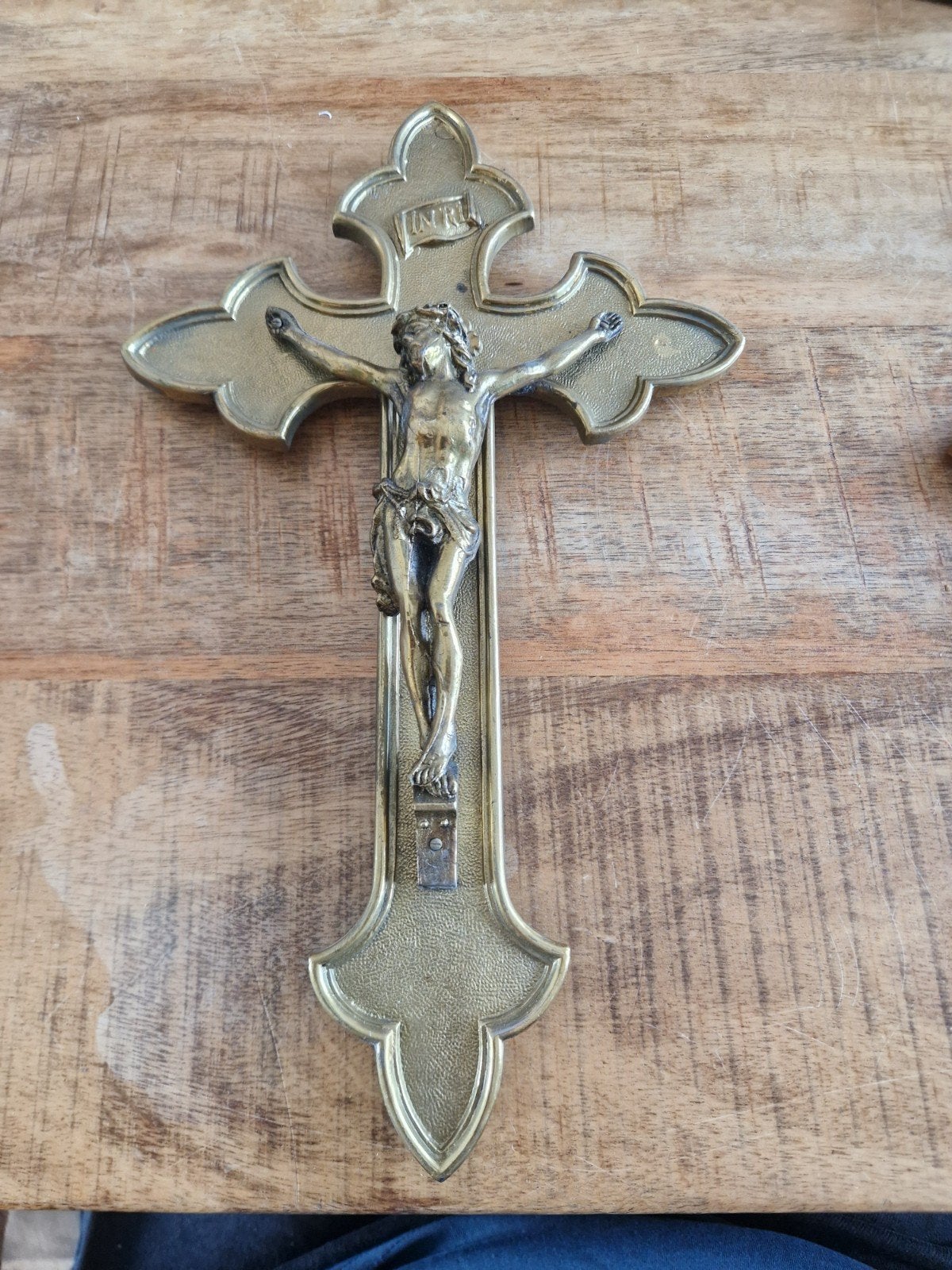 Antiek messing kruisbeeld met Christusfiguur, Ophalen of Verzenden