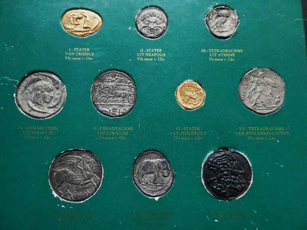 Replica Grieks-Romeinse munten van 1971 B.P. benzinestations, Ophalen of Verzenden