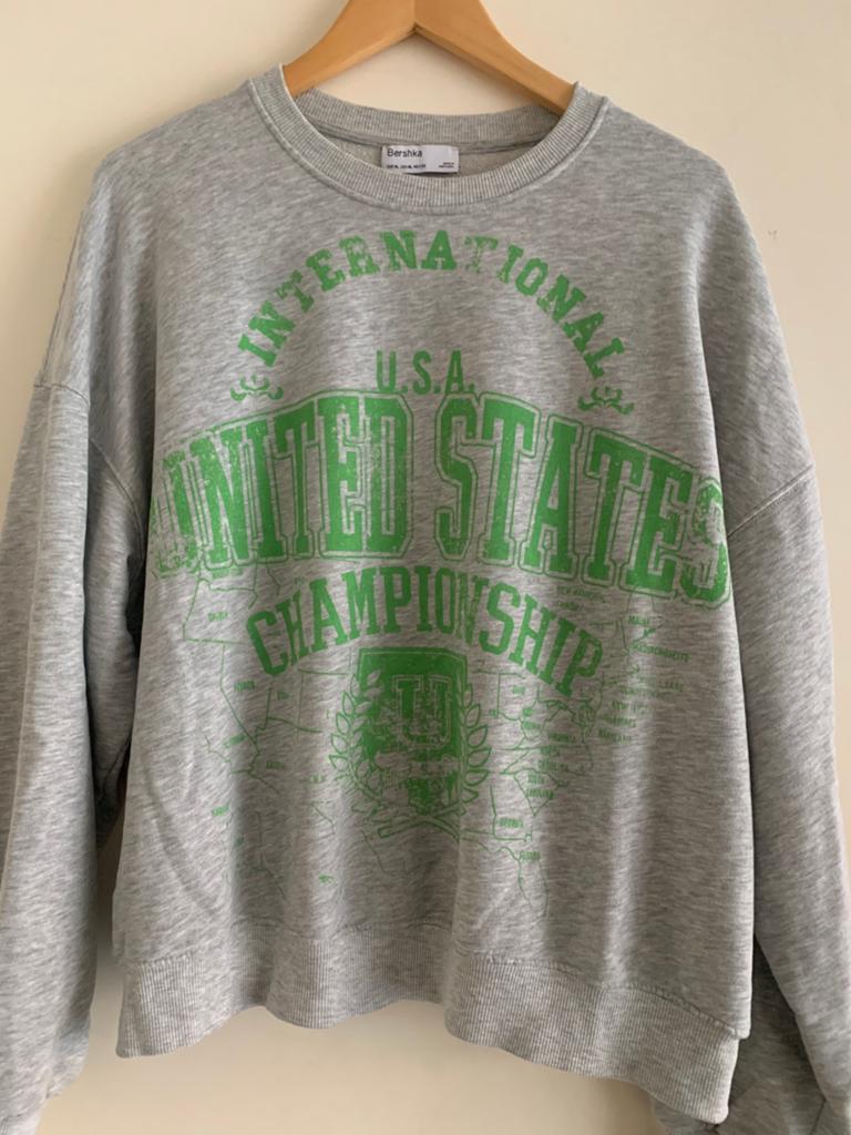 Sweater in lichtgrijs met groen USA logo, Bershka, XL, Maat 46/48 (XL) of groter, Zo goed als nieuw, Grijs, Bershka
