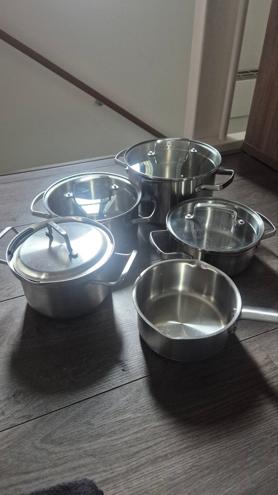 Pannenset: 4x Greenpan en 1x BK, Gebruikt, Pannenset, Ophalen of Verzenden, Met deksel