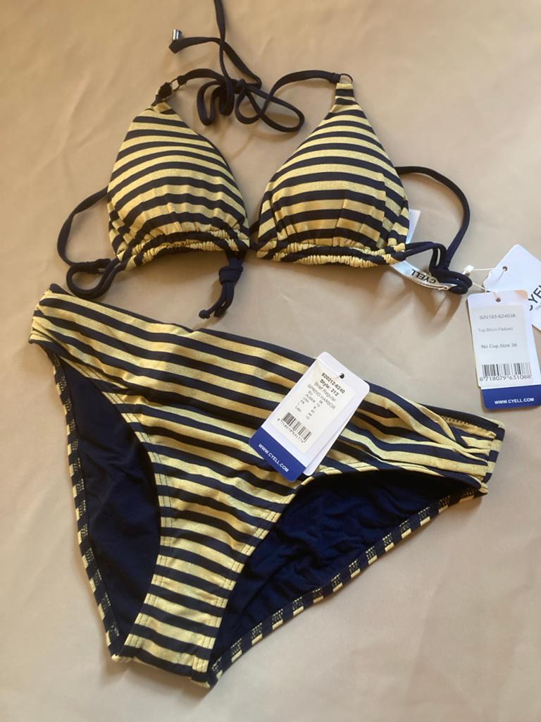 Nieuwe Cyell Bikini - Goud/Donkerblauw Gestreept, Kleding | Dames, Badmode en Zwemkleding, Verzenden, Nieuw, Blauw, Bikini