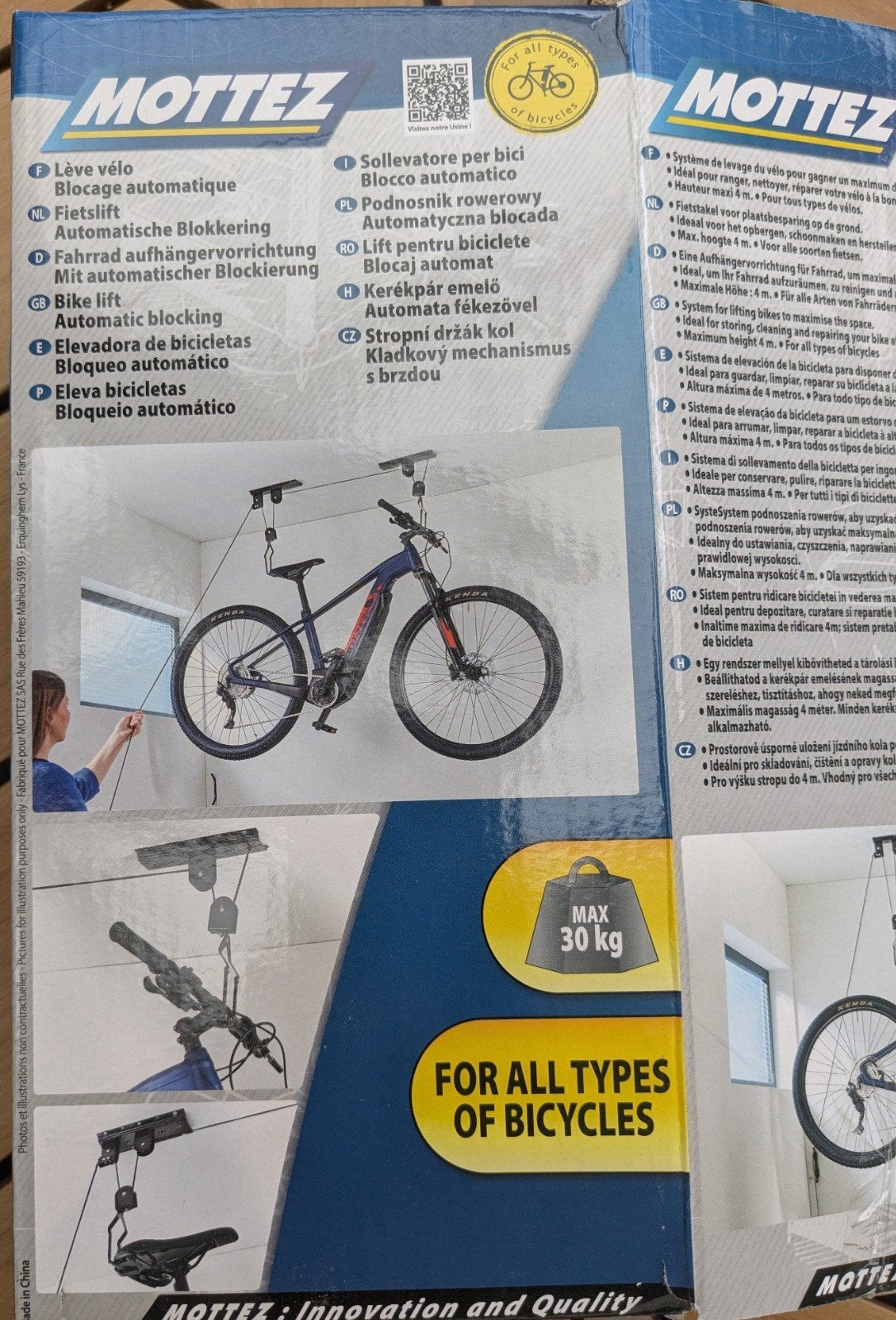 Mottez fiets ophangsysteem - plafondlift voor fiets, Ophalen of Verzenden, Nieuw