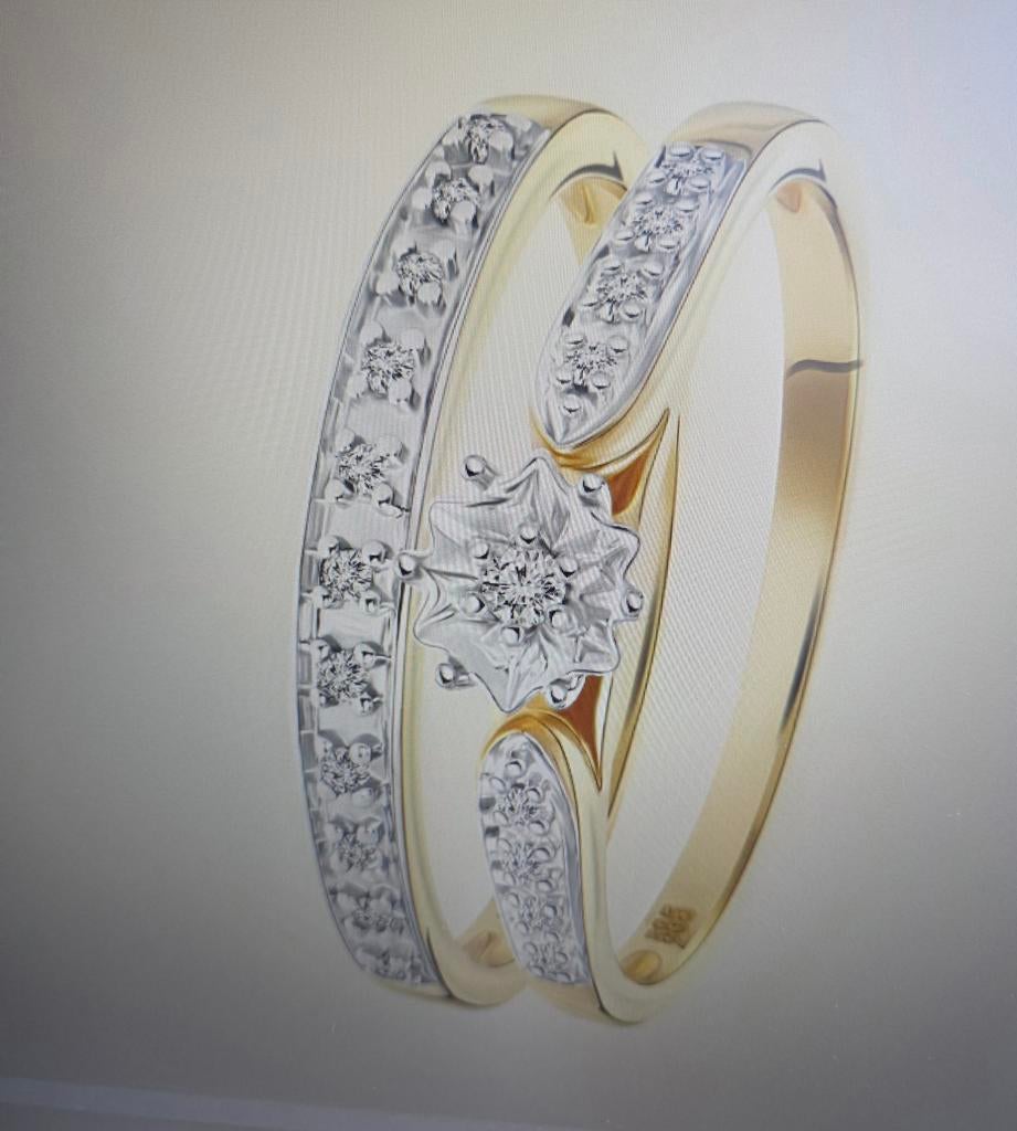 14K geelgouden dubbel ring met 20 diamanten 0,10cr, Nieuw, Ophalen of Verzenden, Kleiner dan 17, Dame