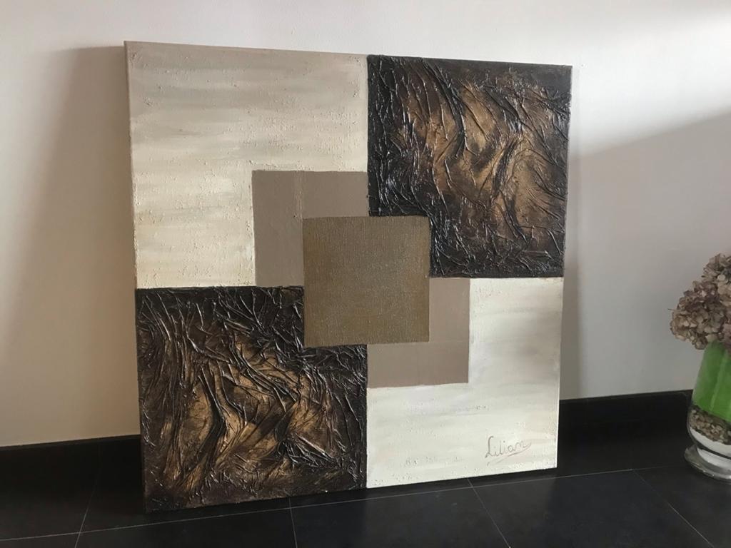 Modern schilderij 1m x 1m - Bruin/Beige abstract, Ophalen of Verzenden