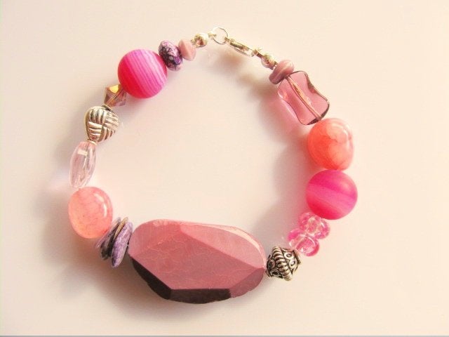 Armband Candy agaat-glas-charoiet-kralen zilver, Ophalen, Nieuw, Roze, Met bedels of kralen