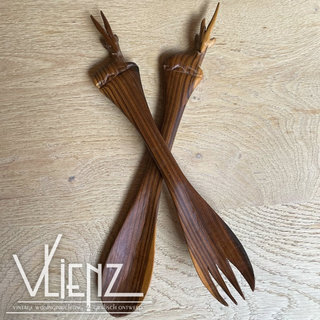 Vintage houten slabestek met hertjes, bok lepel, Ophalen of Verzenden, Huis en Inrichting