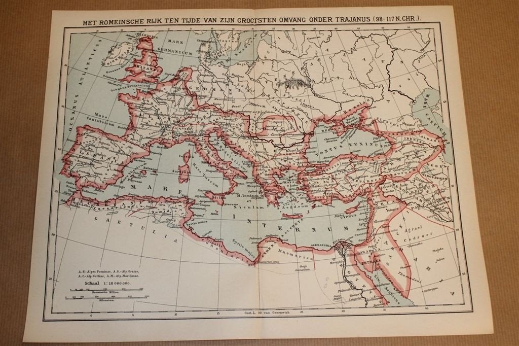 Antieke kaart - Romeinse Rijk t.t.v. Trajanus, Ophalen of Verzenden, 1800 tot 2000, Nederland, Landkaart