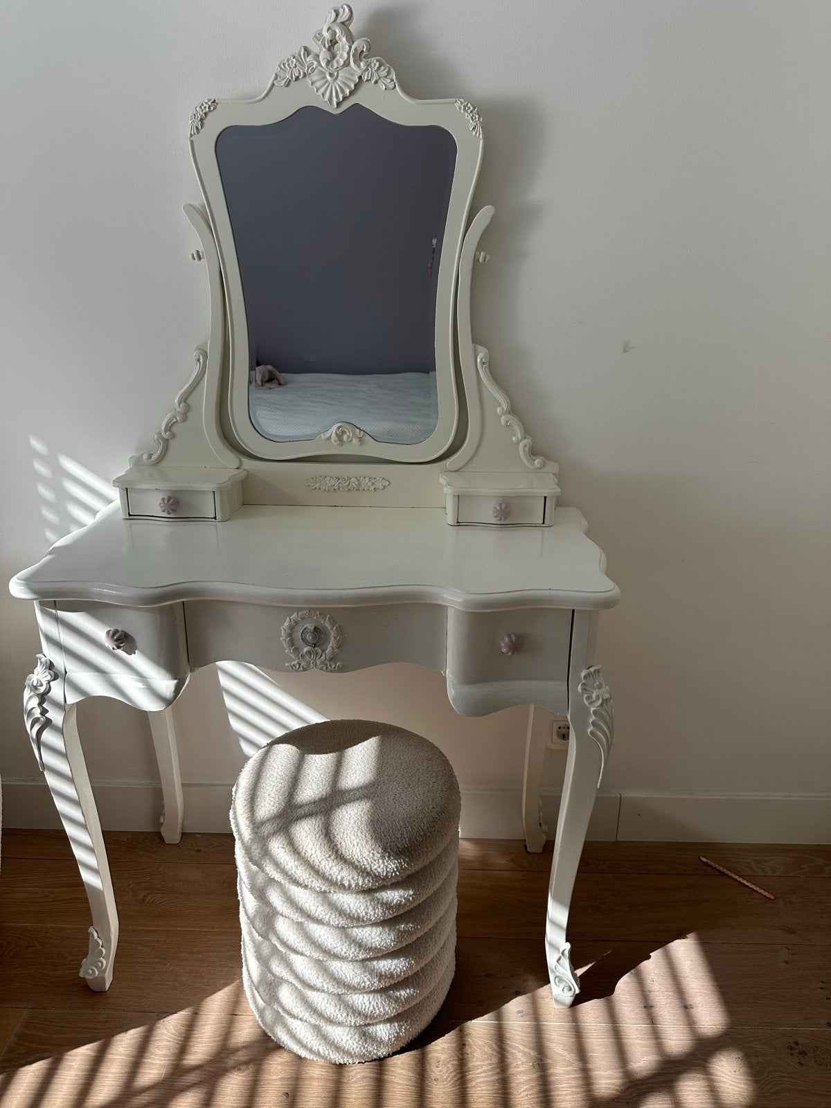 Witte kaptafel met spiegel en krukje, Ophalen, Gebruikt, 100 tot 150 cm, 50 tot 100 cm