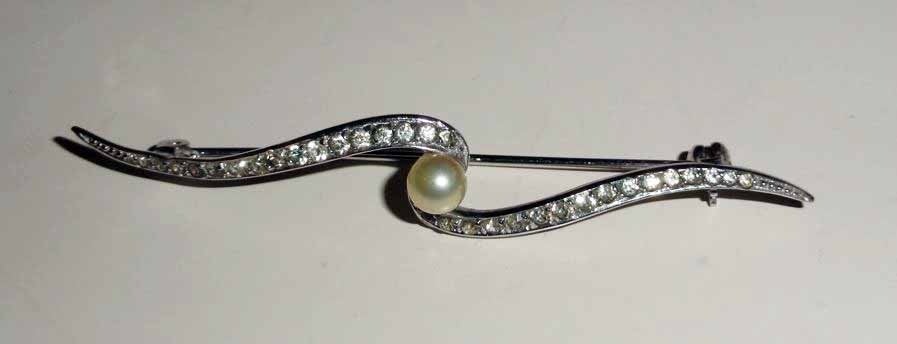 Broche parel zirkonia zilver wave, 4 tot 7 cm, Verzenden, Nieuw, Met parel