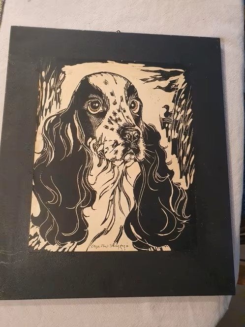 houtsnede Olga Slagter Spaniel hond gesigneerd, Ophalen