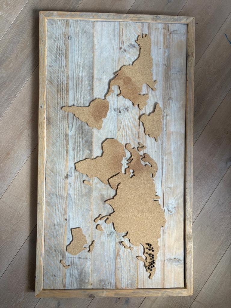 Steigerhout en kurken wereldkaart incl pinnetjes, Ophalen, Zo goed als nieuw, Bruin, Vintage