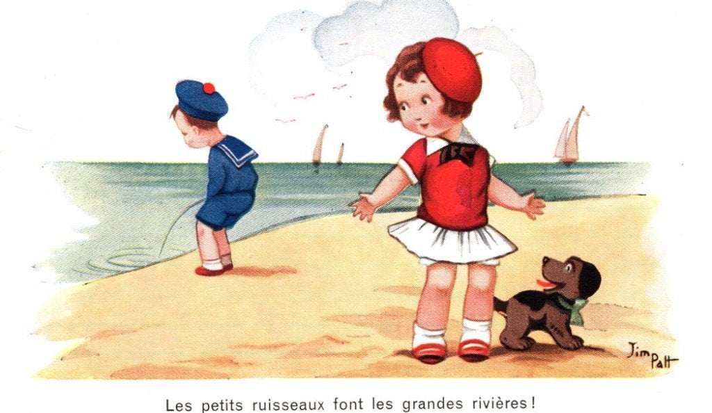 Oude Ansichtkaart Frans Strandhumor Les Petits Ruisseaux, Ophalen of Verzenden, 1920 tot 1940, Ongelopen, Overige thema's