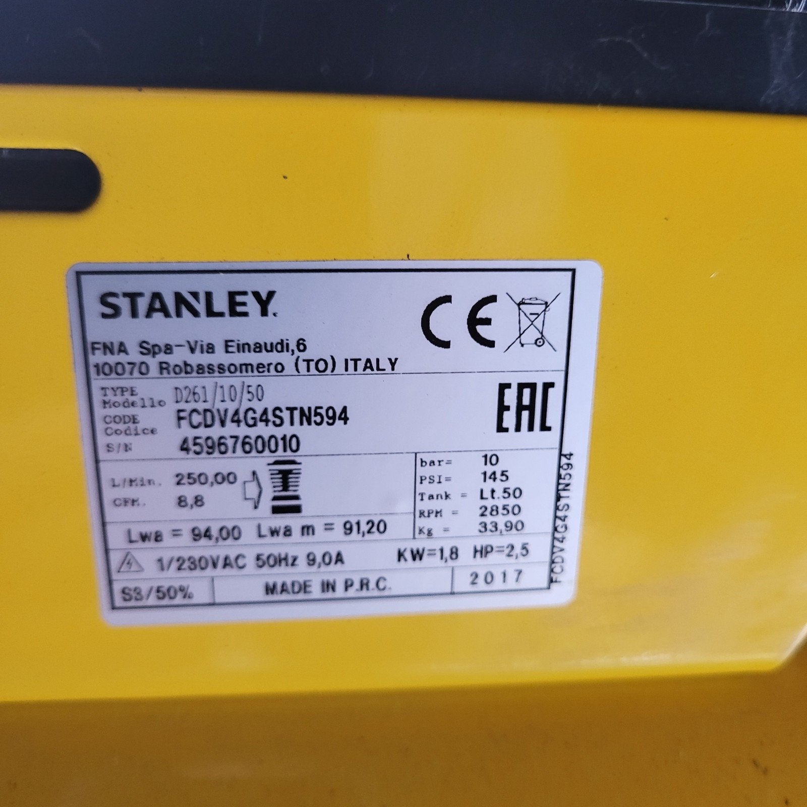 Stanley compresor  50.00 liter, Doe-het-zelf en Verbouw, Compressors, 25 tot 100 liter, Ophalen, Zo goed als nieuw, 200 tot 400 liter/min