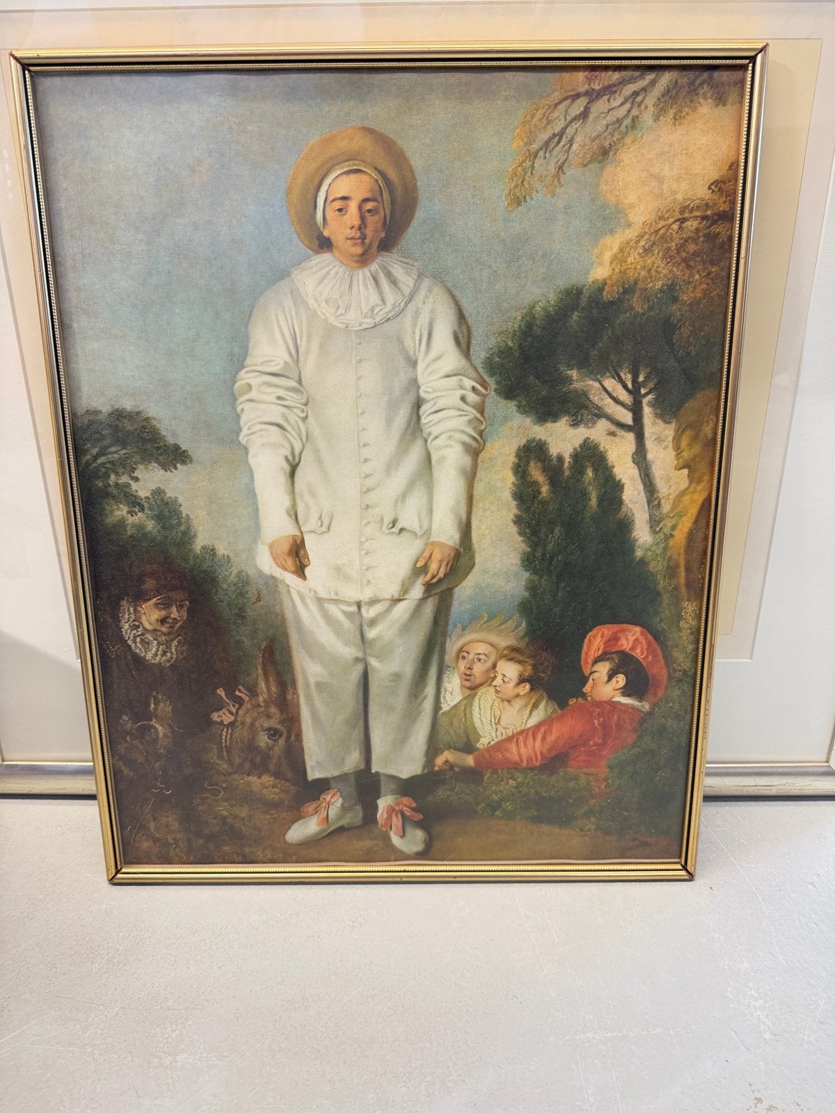 Klassiek schilderij: Pierrot en figuren in landschap, Doek, Portret of Personen, Ophalen of Verzenden, Olieverf