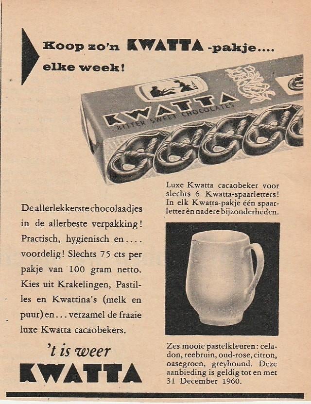 Retro reclame 1960 Kwatta chocola sparen voor beker, Verzenden, Overige typen