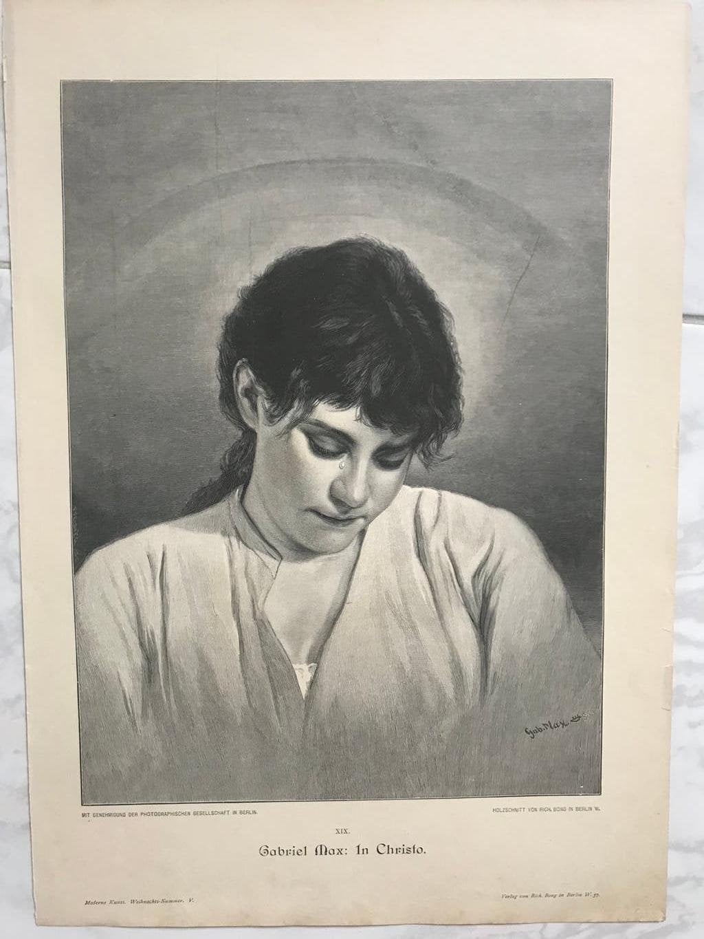 Gabriel Max: In Christo, 1890, or. gravure, 31x23cm., mooi!, Antiek en Kunst, Origineel, 31 cm, 1800 - 1899, Ophalen of Verzenden