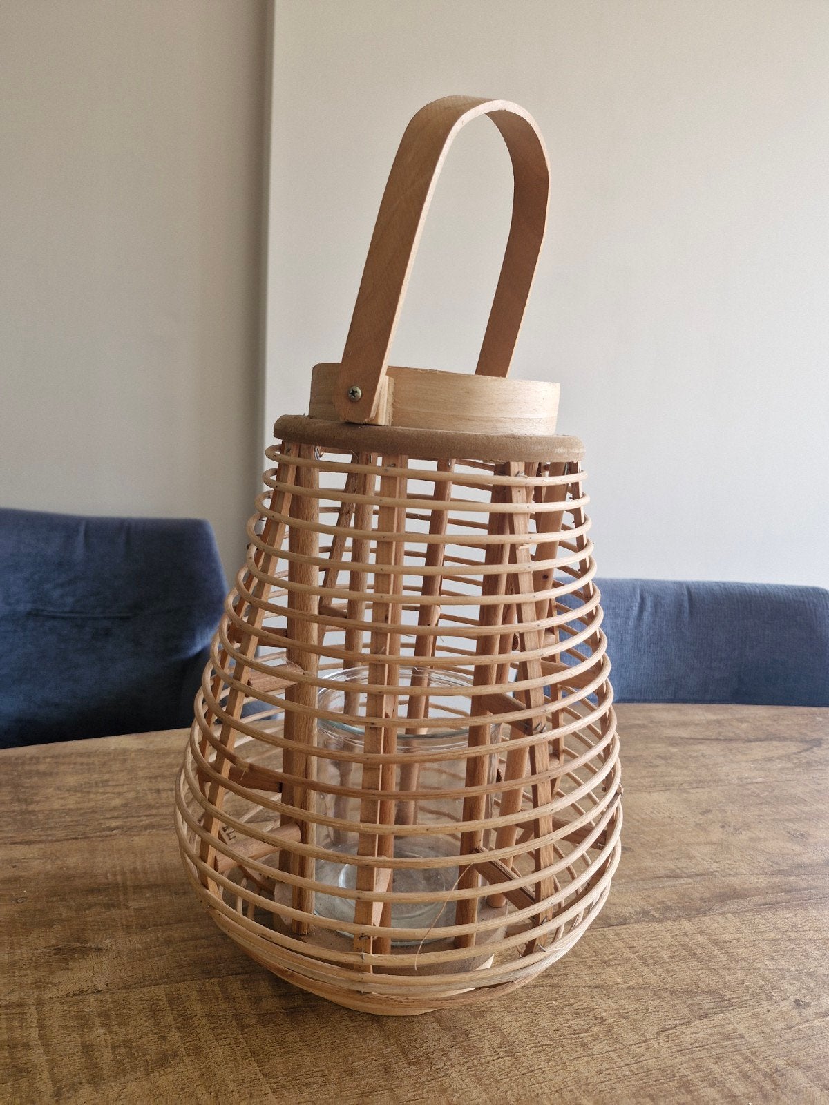 Groot windlicht van hout, rotan met glazen houder, 48 cm hoo, Ophalen of Verzenden, Zo goed als nieuw, Bruin, Hout