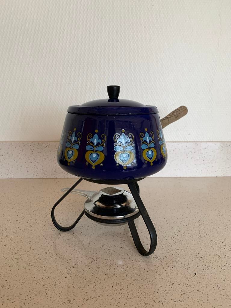 Vintage Fondueset - Blauw geëmailleerd met bloemmotief, Witgoed en Apparatuur, Fonduesets, Ophalen, Gebruikt, Brander, Fondueset