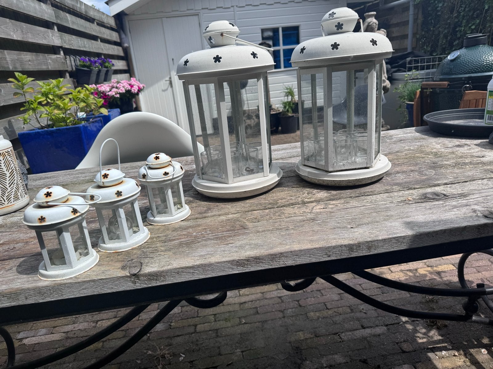 Set van 5 witte lantaarns met theelichtglaasjes teab, Huis en Inrichting, Ophalen, Gebruikt