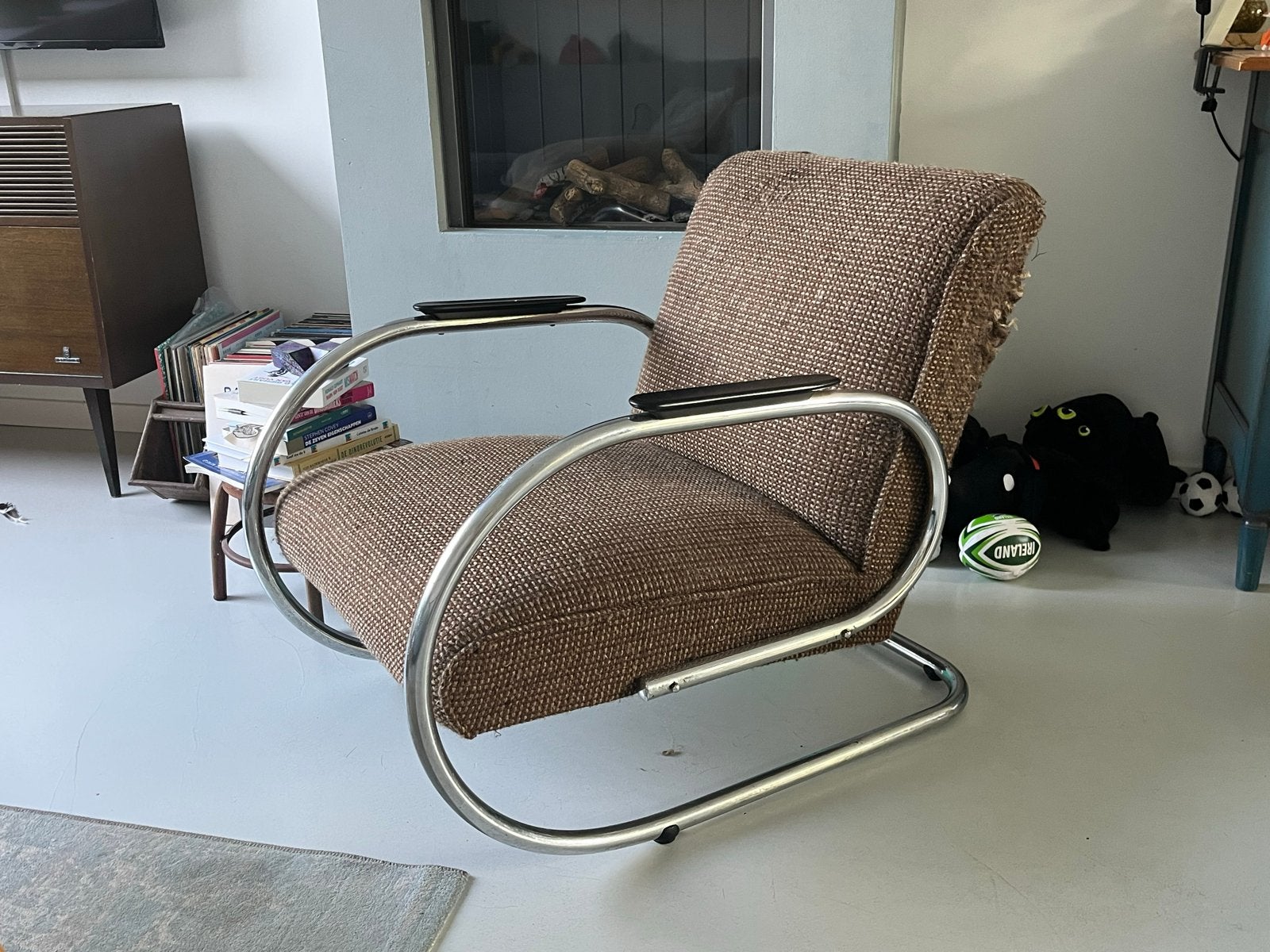 iconische Tubax Vilvoure (jaren ‘50) fauteuil buizenframe, Huis en Inrichting, Ophalen, Gebruikt, Bruin, Metaal